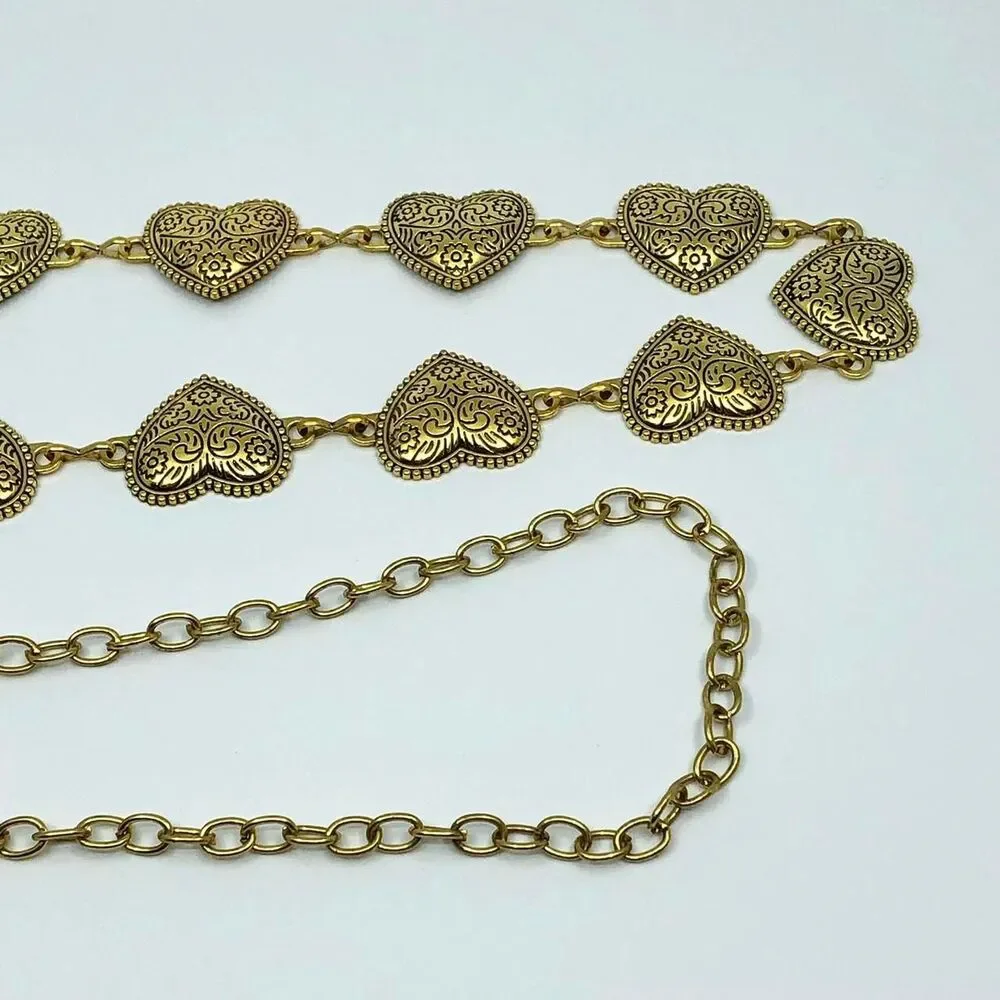 Vintage Y2K Boho Gold Textured Heart Chain Belt, Fits 22.5–40 Inches, X7GA1173